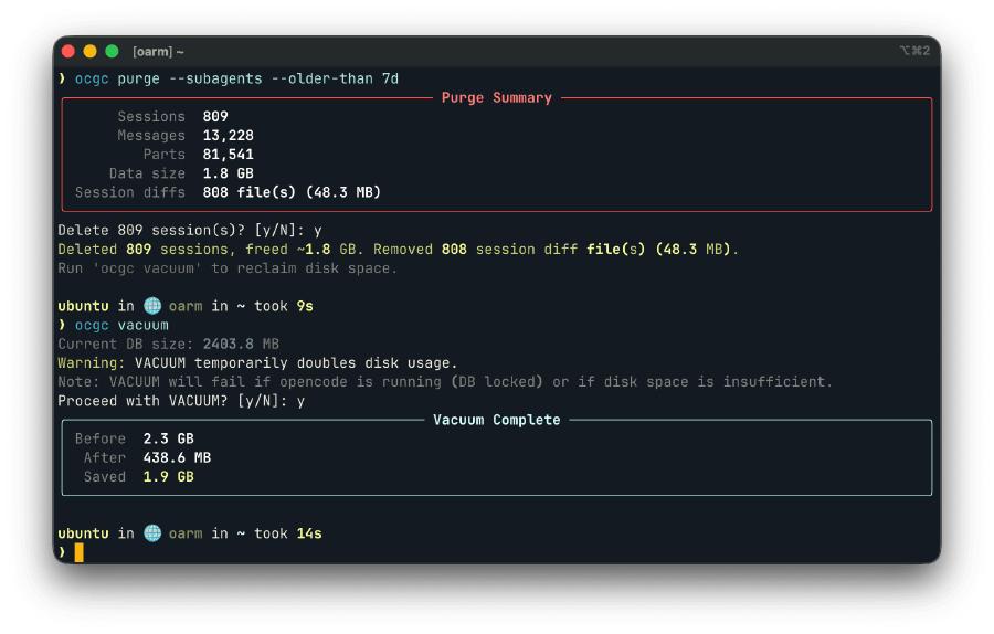 ocgc purge removing 809 sessions and freeing 1.9 GB after vacuum